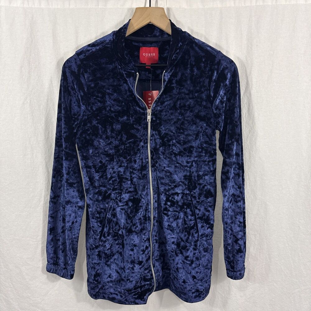 Guess Shiloh Blue Crushed Velvet Zip Bomber Jacket Womens Sz XS Glam Party